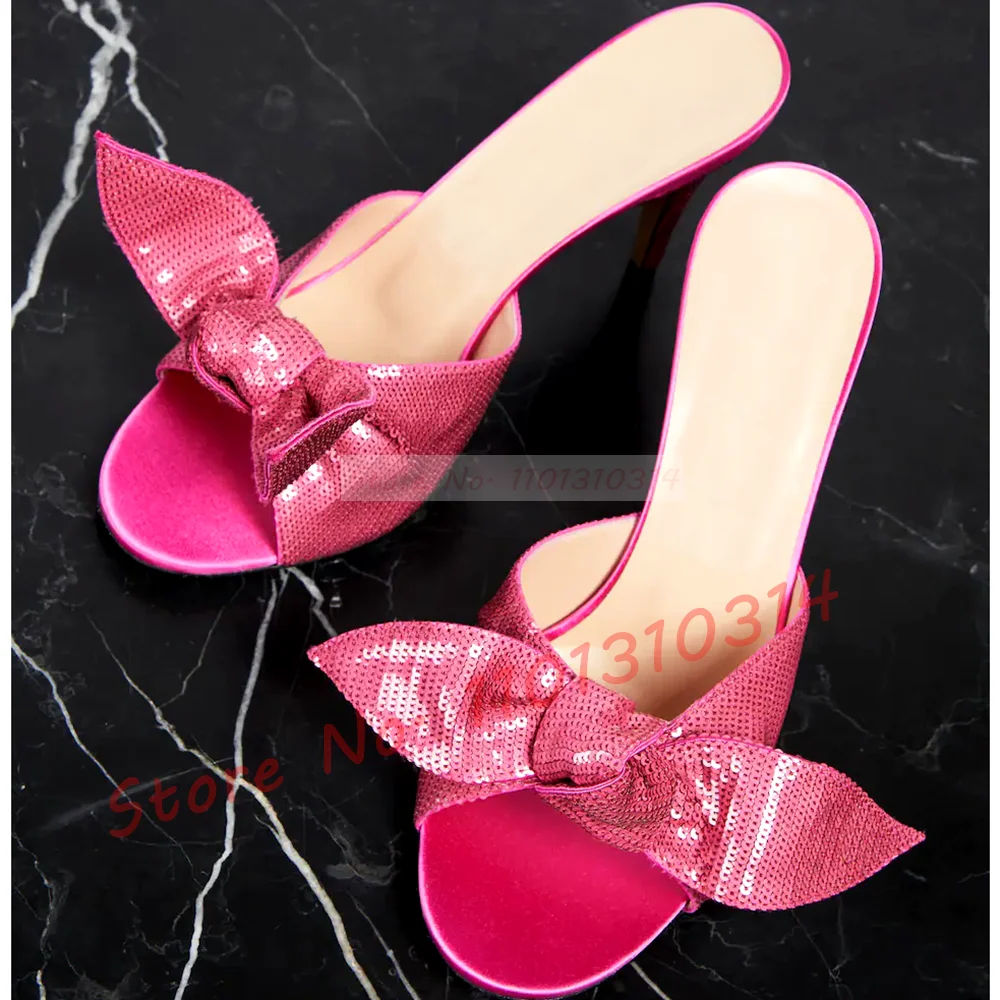 

Блестящие тапочки с бантом на высоком каблуке, женские красные блестящие Роскошные розово-красные туфли, Женская праздничная одежда, красивая стильная женская обувь