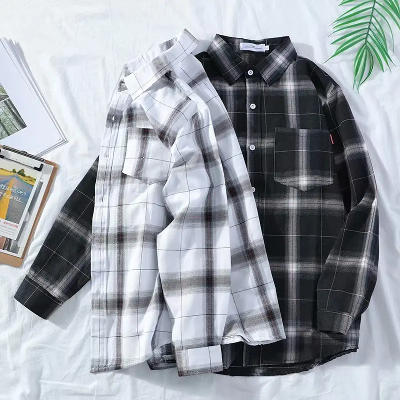 New Autumn Casual Long Sleeved Plaid Shirt Korean Version Men's Loose Harajuku Style Trendy Shirt Jacket Hip-Hop Street Clothing
