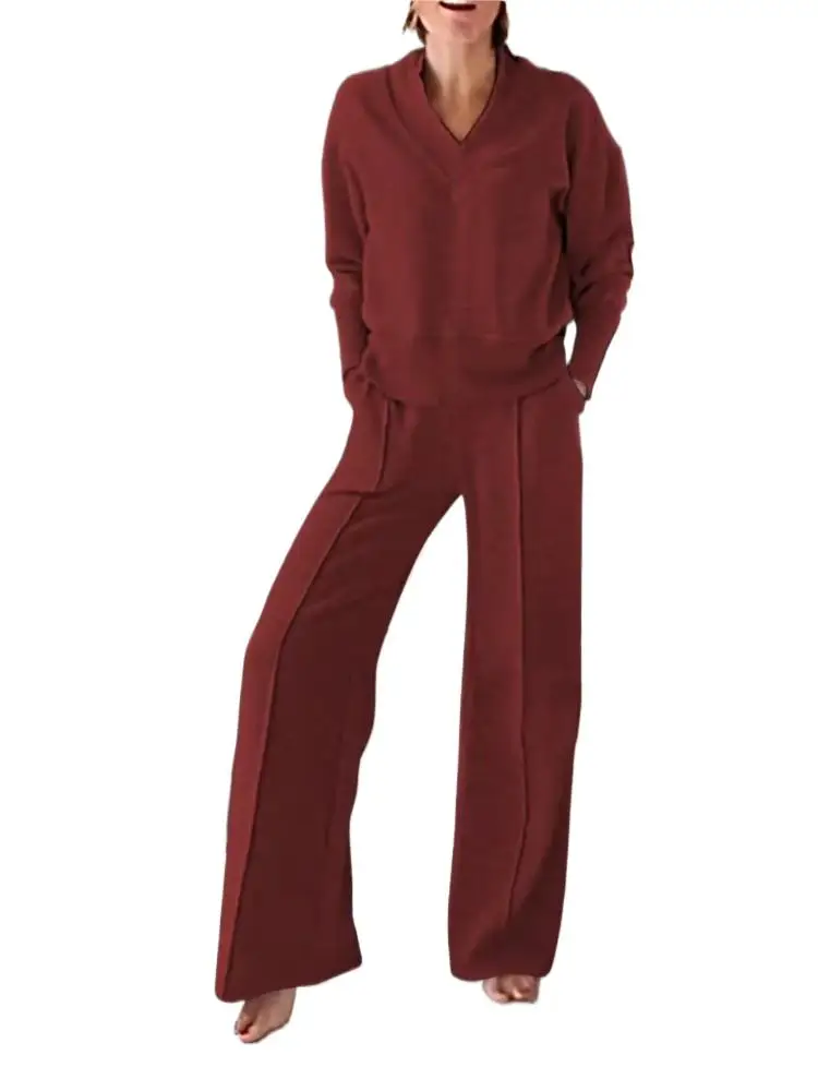 Women Two Piece Autumn Spring V Neck Blouse and Wide Leg Pant Suits