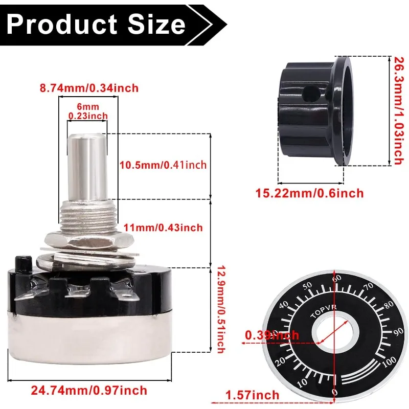 RV24YN20S 2Sets Carbon Film Potentiometer 1K 2K 5K 10K 20K 50K 100K 200K 250K 1M Ohm Single Rotary Taper With A03 Knob With Dial