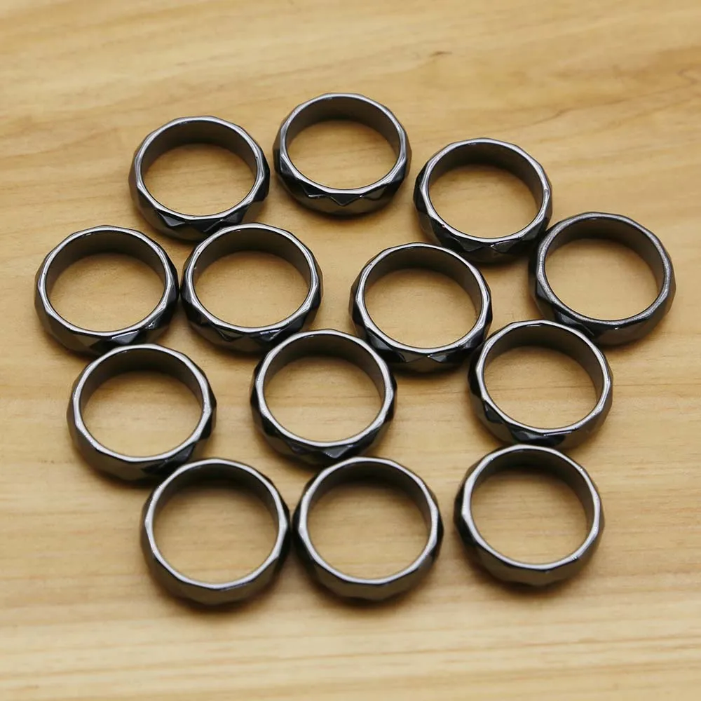Free Shipping 6mm Natural Black Gallstone Hematite Cut Ring Men's And Women's Finger Jewelry DIY Charm Gift Wholesale 24Pcs/Lot
