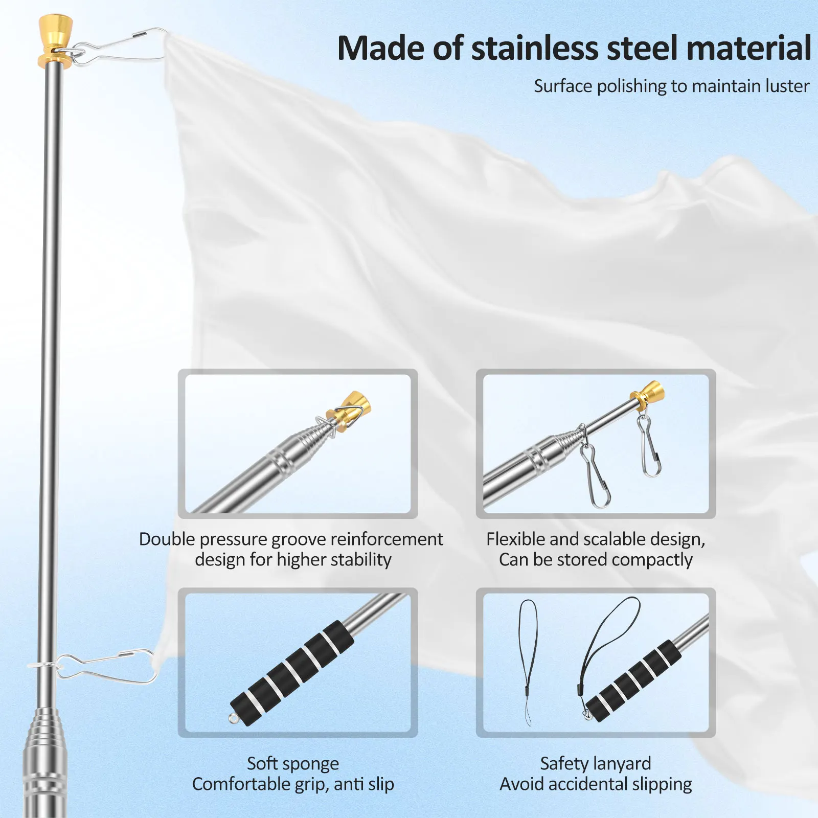 2Pcs Portable Telescopic Flag Pole 2/2.5/3M Stainless Steel Handheld Flag Pole with Spring Carabiner & Clip Tour Guide Flag Pole