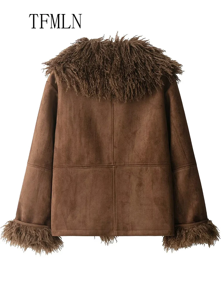 Luxury Women Faux Fur Patchwork Jackets 2025 Autumn Winter Lapel Long Sleeve Causal Chic Coats Elegant Ladies Pockets Outwear