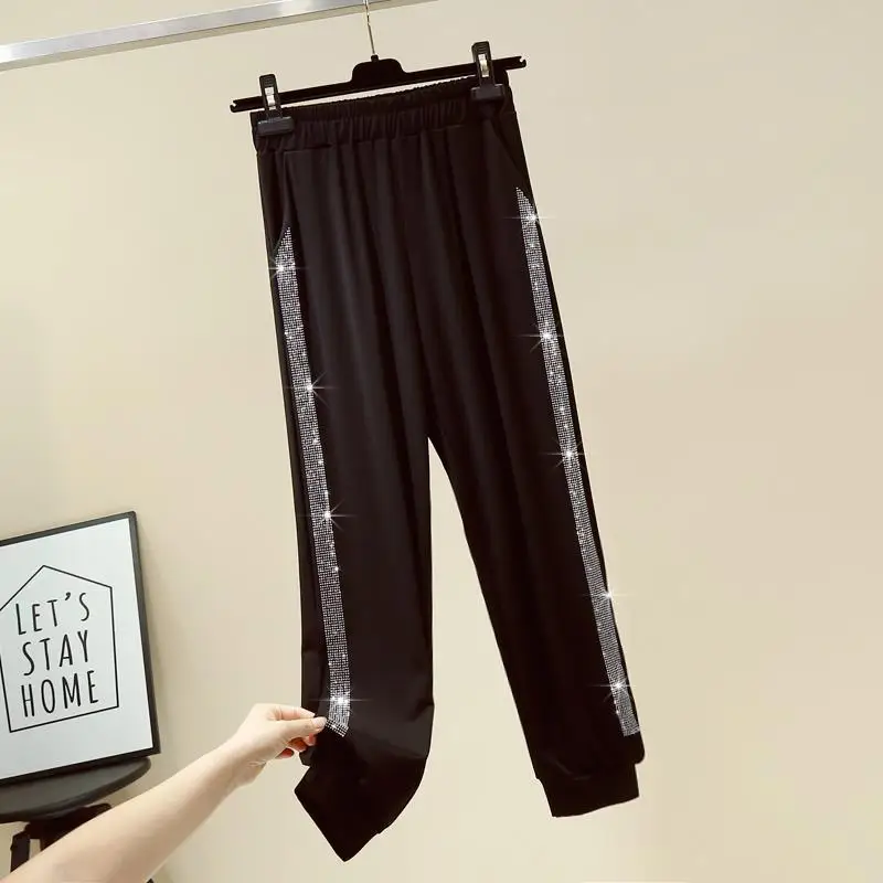 Women Clothing 2024 Summer Fashion Rhinestone Sports Joggers High Waist Harem Pants Female Casual Solid Pockets Loose Sweatpants