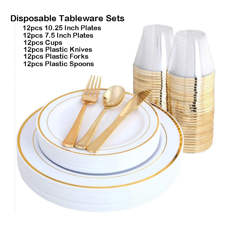12 Sets Disposable Tableware For Wedding Birthday Party Baptism Gold