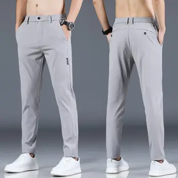 Pantaloni da uomo in seta di ghiaccio 2025 estate nuovi pantaloni casual da lavoro sottili neri grigi pantaloni sportivi a gamba dritta elastici e traspiranti per esterni 1