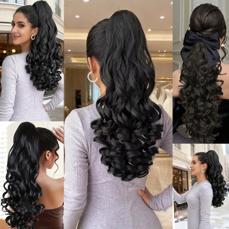 20 inch Long Wave Synthetic Fiber Ponytail Wig Extension, Claw Clip, Natural Black, Suitable for Daily Wear
