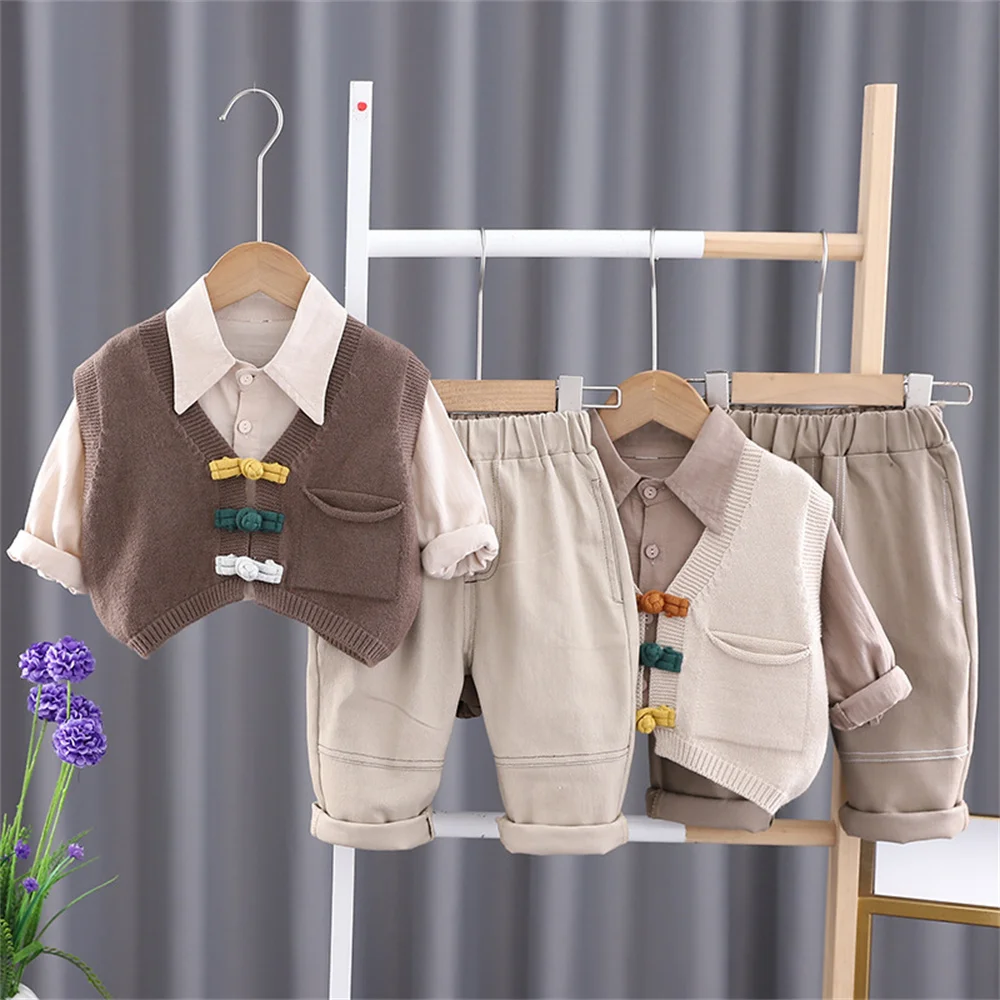 

Toddler Baby Boy 3PCS Clothes Set Turn-Down Collar Long Sleeve Cardigan T-shirt Top + Pant Spring&Autumn Fashion Casual Coat