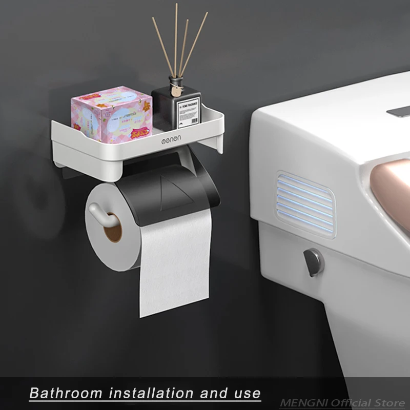 Toilet Paper Holder Tissue Dispenser MENGNI Wall Mount Toilet Paper Holder No Drill Bathroom Tissue Dispenser Self-adhesive Kitchen Roll Paper Rack Stand Accessory
