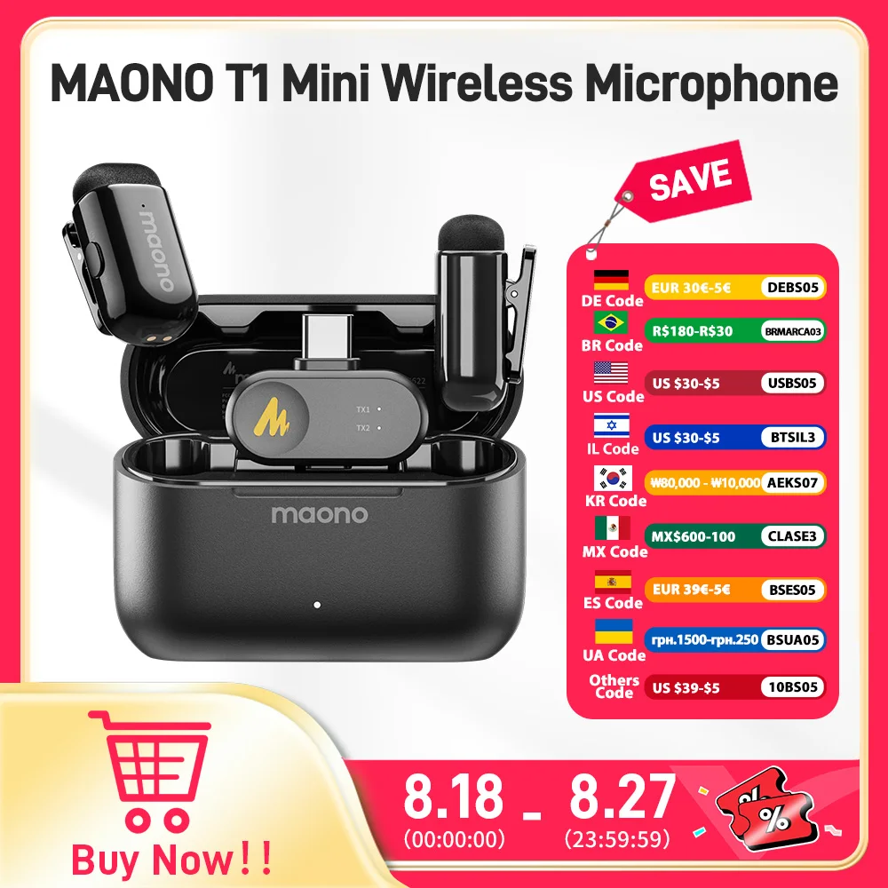 MAONO T1mini Wireless Lapel Microphone for Phone-Noise Cancellation Auto Clipping Function App Setting Audio Video Recording Mic 1