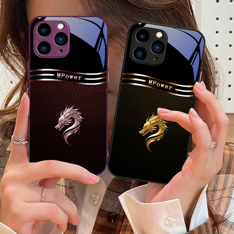 Custodia Per Telefono In Vetro Temperato Nero Per Iphone 15 Pro 14 13 12 Mini 11 Xs Max Xr 7 8 Plu Se 2020 2022 Dragon Deep Sea Blue Purple