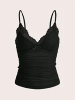 Sexy Contrast Lace Bow Front Crop Cami Top Women 2025 Summer Grunge Punk Y2K Clothes Ruched Skinny Backless Tee Shirt