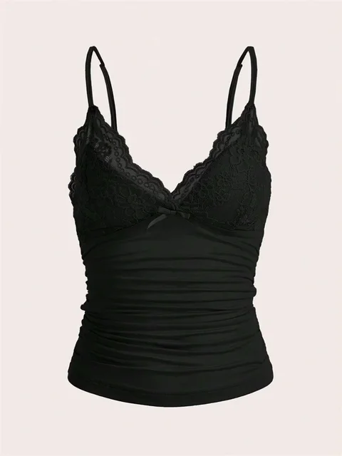 Sexy Contrast Lace Bow Front Crop Cami Top Women 2025 Summer Grunge Punk Y2K Clothes Ruched Skinny Backless Tee Shirt