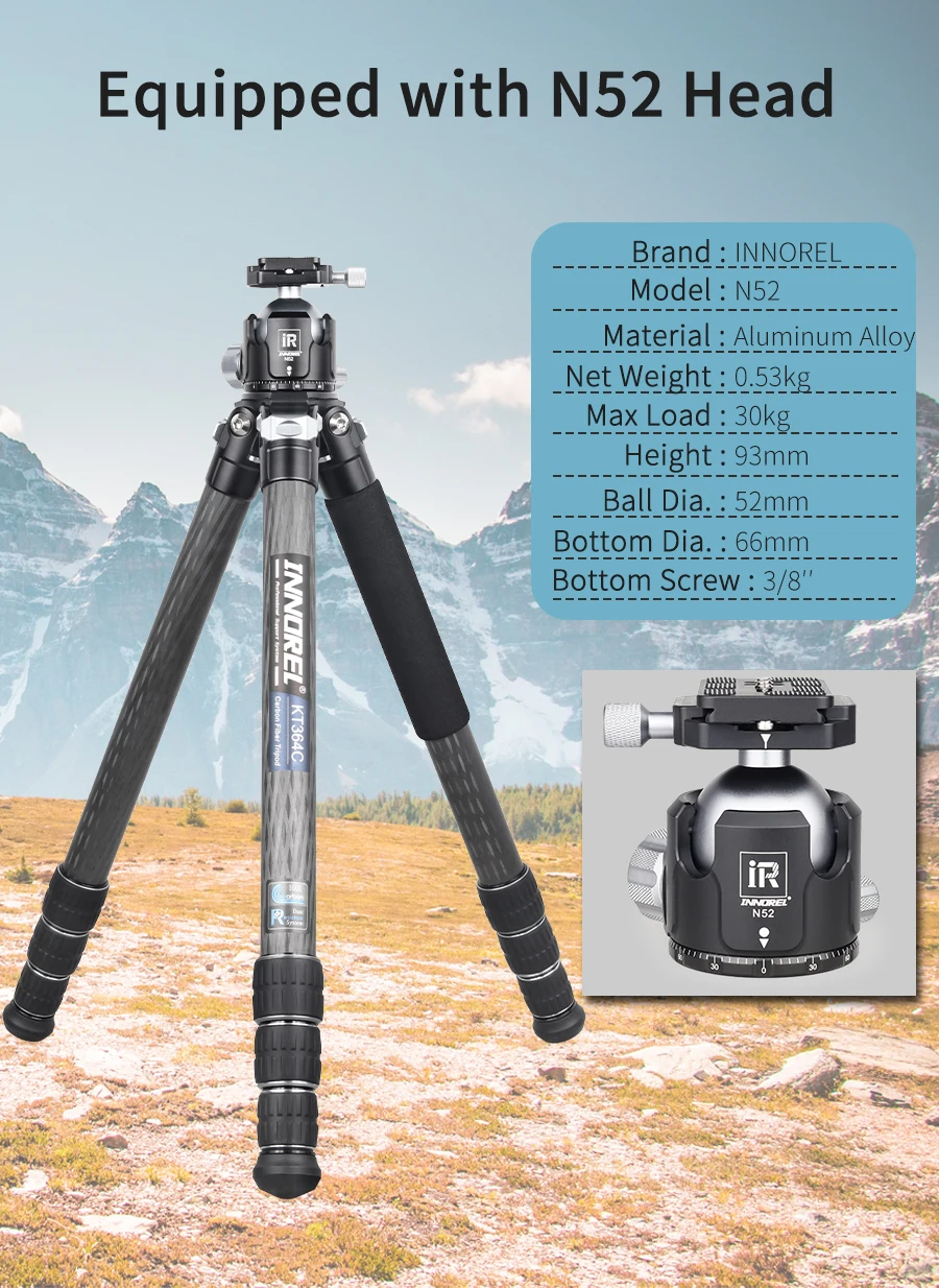 KT364C Professional Carbon Fiber Tripod for DSLR Camera Heavy Duty 36mm 10 Layer
