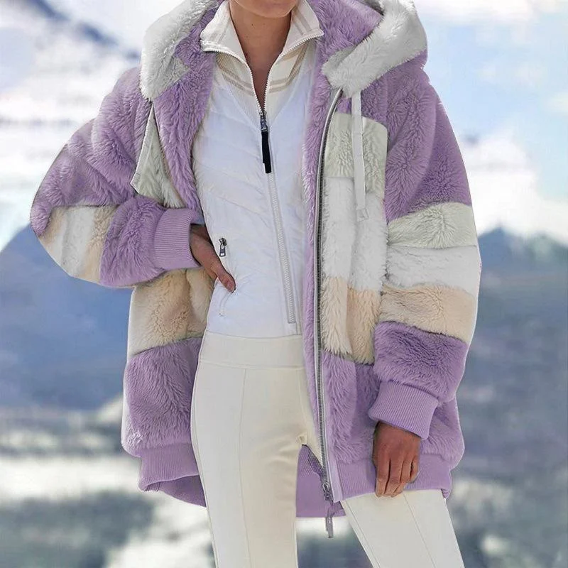 New Winter Women's Fashion Hooded Coat Warm Plush Loose Fit Women's Jacket Winter Outdoor Artificial Fur Zipper Women's Jacket