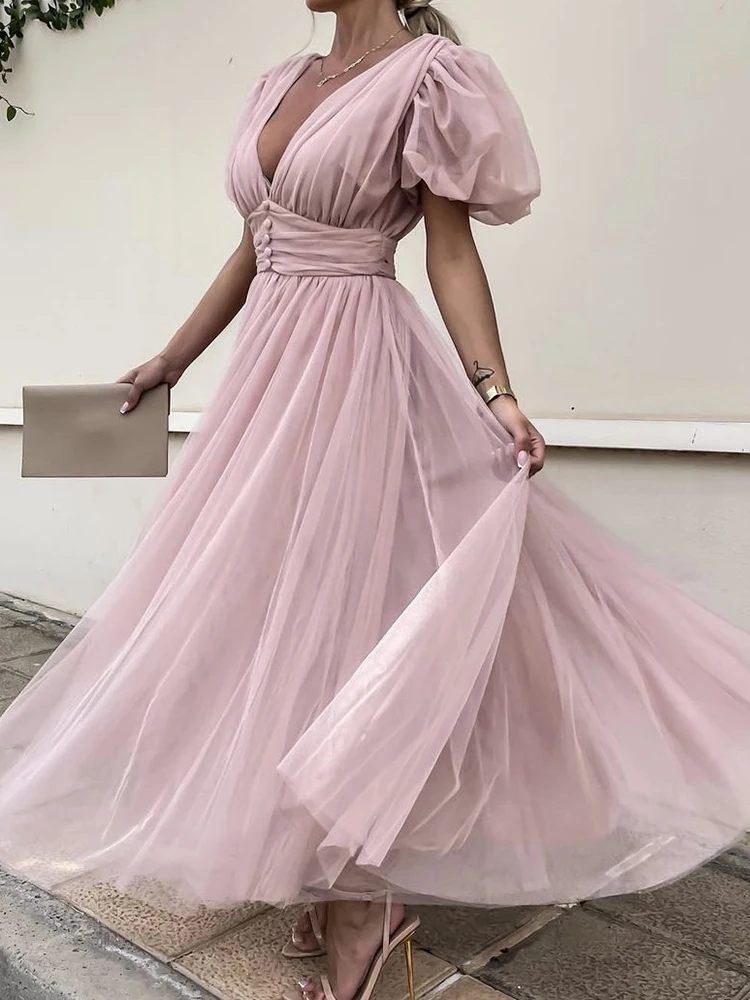 

Fashion Ladies V Neck Solid Color A-Line Dress Women Short Sleeve Lace Mesh Long Dress 2023 Summer Elegant Pleated Party Dresses