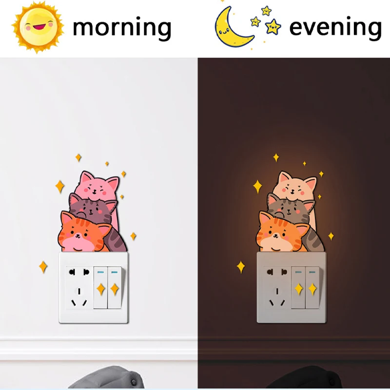 Luminous Stacked Cat Cartoon Switch Stickers Decorative Children's Room Wall Stickers Living Room Bedroom Luminous Self-Adhesive Paper