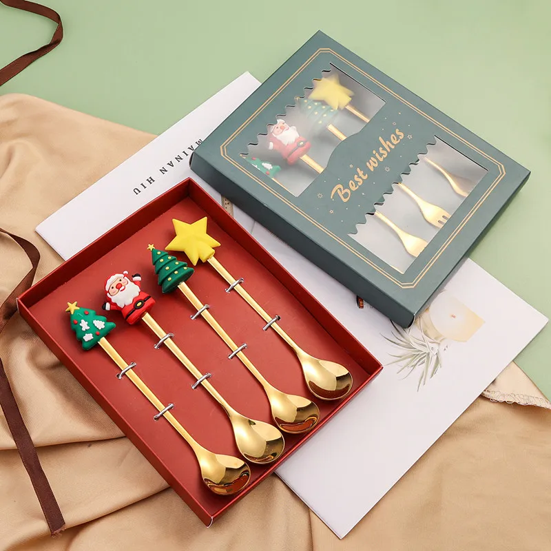

3pcs Christmas Gift Spoon & Fork Sets Coffee Spoon Fruit Fork Creative Dessert Spoon Elk Christmas Tree Decoration Cutlery Gift
