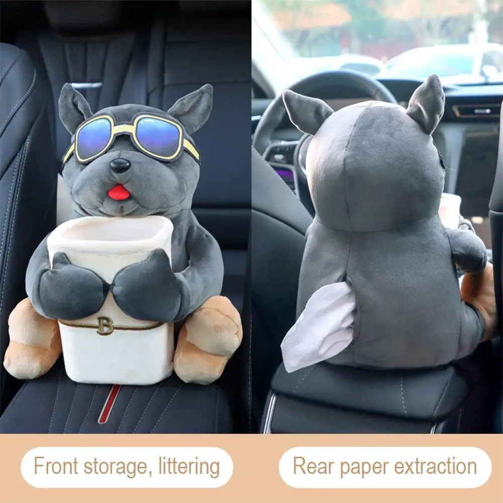 Car Trash Can Cute Car Tissue Box 2 In 1Cartoon Plush Doll Auto Armrest Box Hanging Paper Drawer Storage Car Trash Can And Tissue Holder
