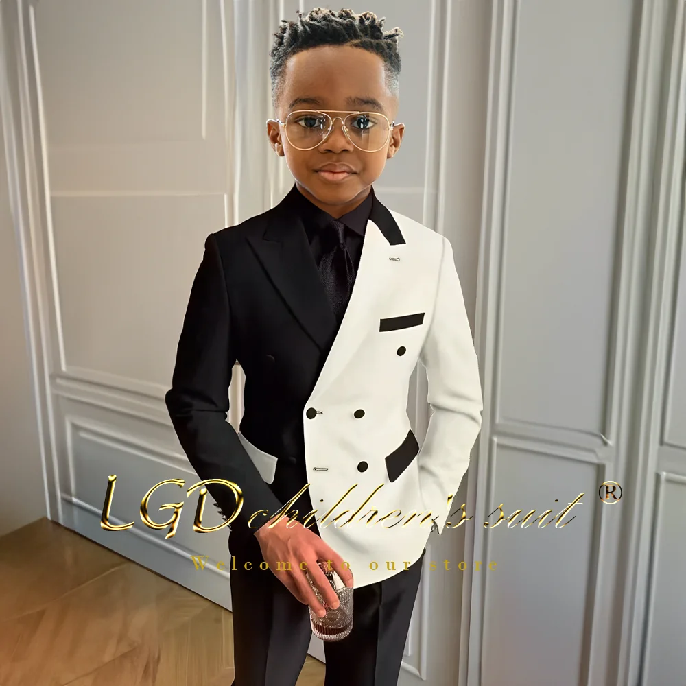 Boys Formal Suit Set Stylish Boys Peak Lapel Double Breasted 2 Piece Suit Black and White Fitted Formal Wedding Event Tuxedo Jacket + Pants