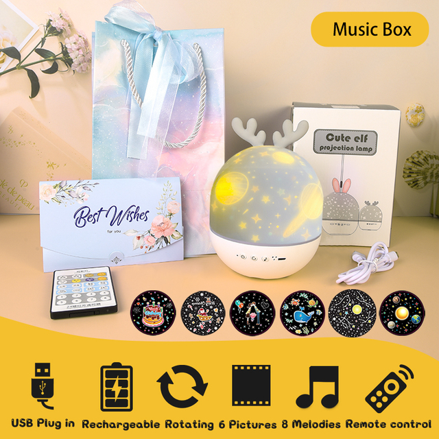 Duck Rotating Starry Sky Projector Lamp Children Night Light Baby Gift Rechargeable Music Bluetooth Speaker Bedroom Decor