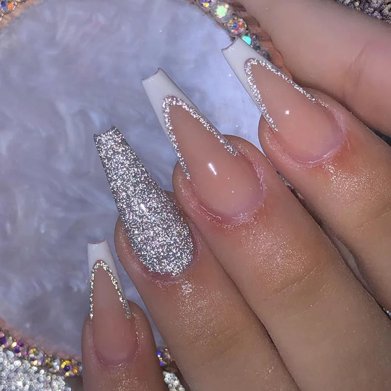 24 Uds puntas de uñas postizas de Ballet simples con pegamento ataúd largo francés falso N artificial usable prensa en N terminado_voghion.com