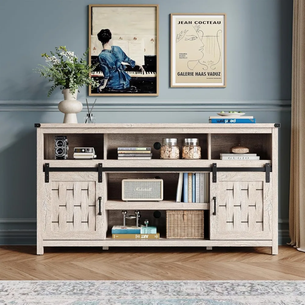 Farmhouse TV Stand for 65 Inch TV, Tall Highboy Entertainment Center with Sliding Barn Door, Rustic Media Console 5
