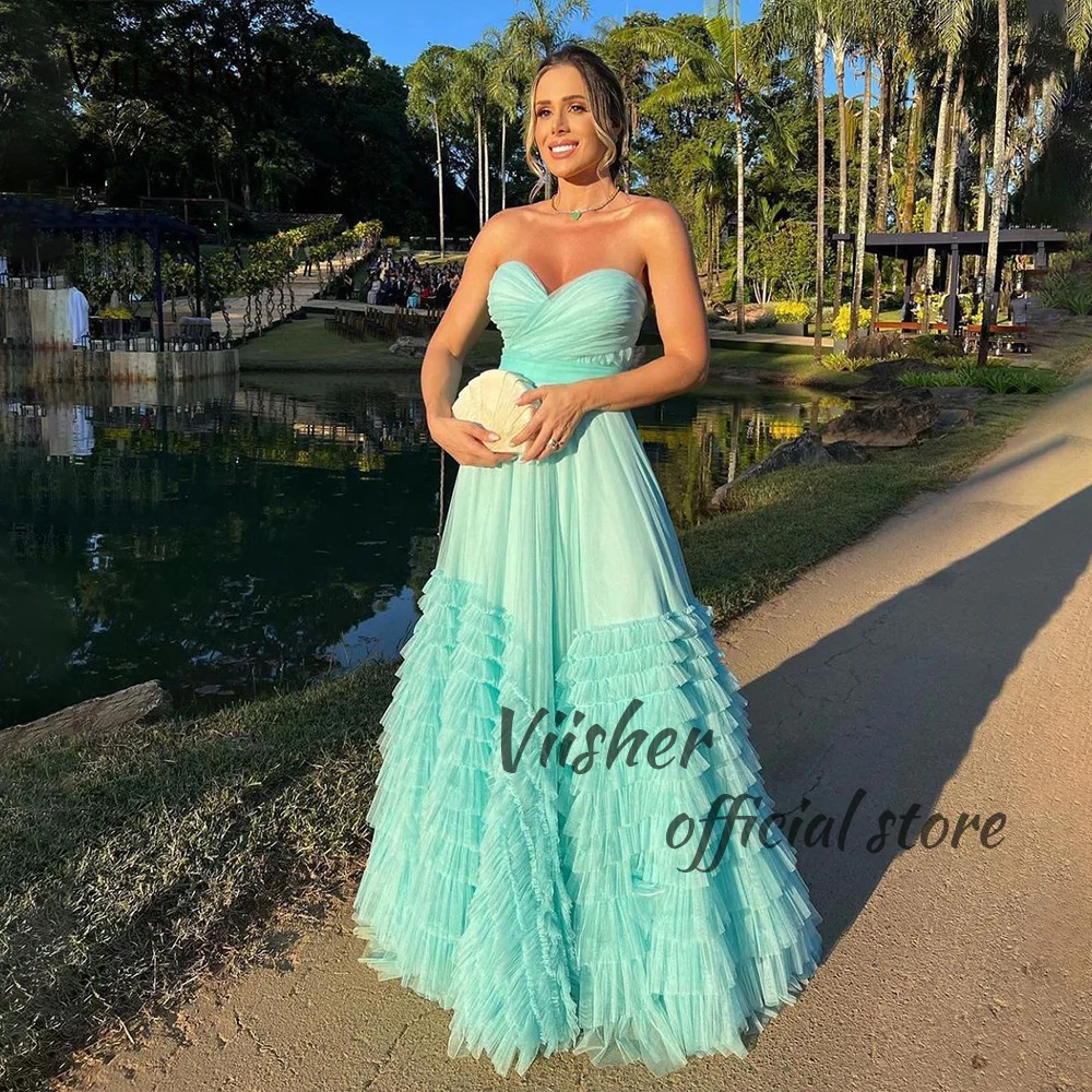 

Viisher Aqua Tulle A Line Prom Party Dresses Pleats Sweetheart Long Evening Dress Floor Length Dubai Celebrate Gown
