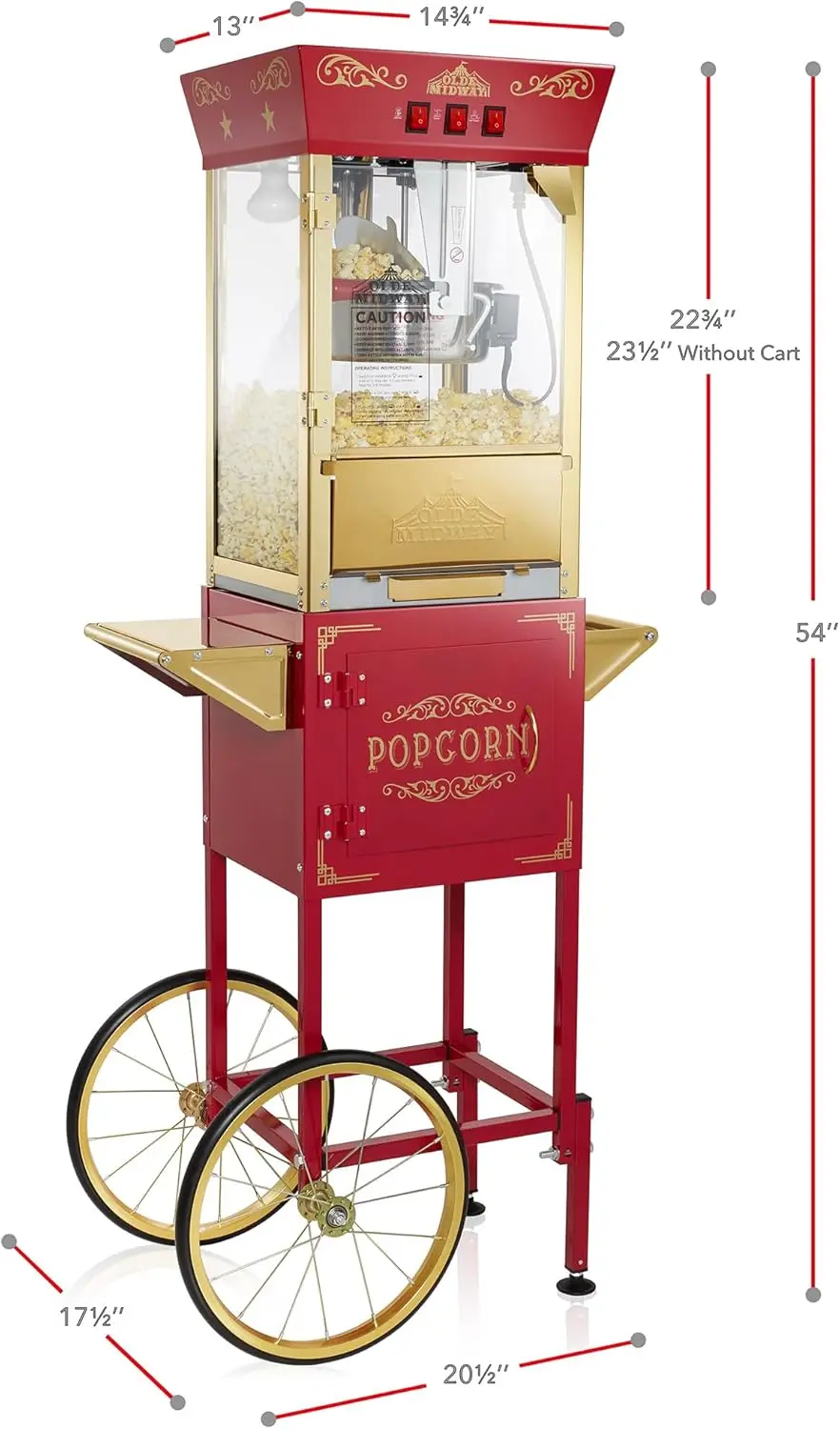 Popcorn Machine Maker with Cart and 8-Ounce Kettle - Red, Vintage-Style Popper on Wheels 5