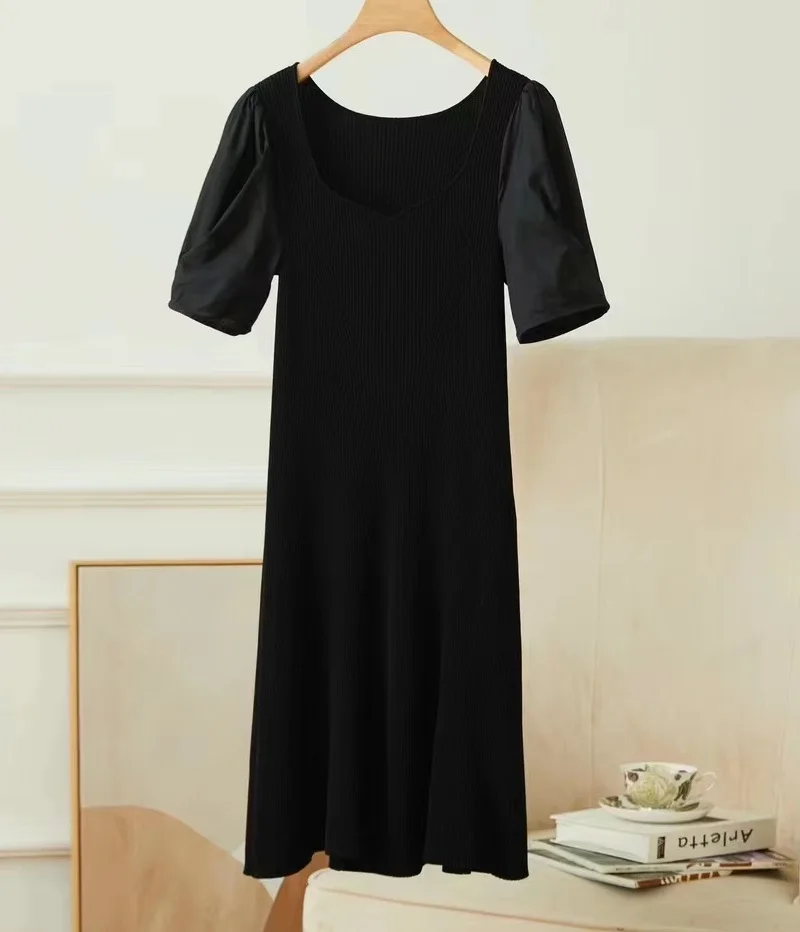 

Knitted Dress 2023 Spring Summer High Quality Casual Clothes Women Sexy Square Collar Knitted Patchwork Short Sleeve Black Dress