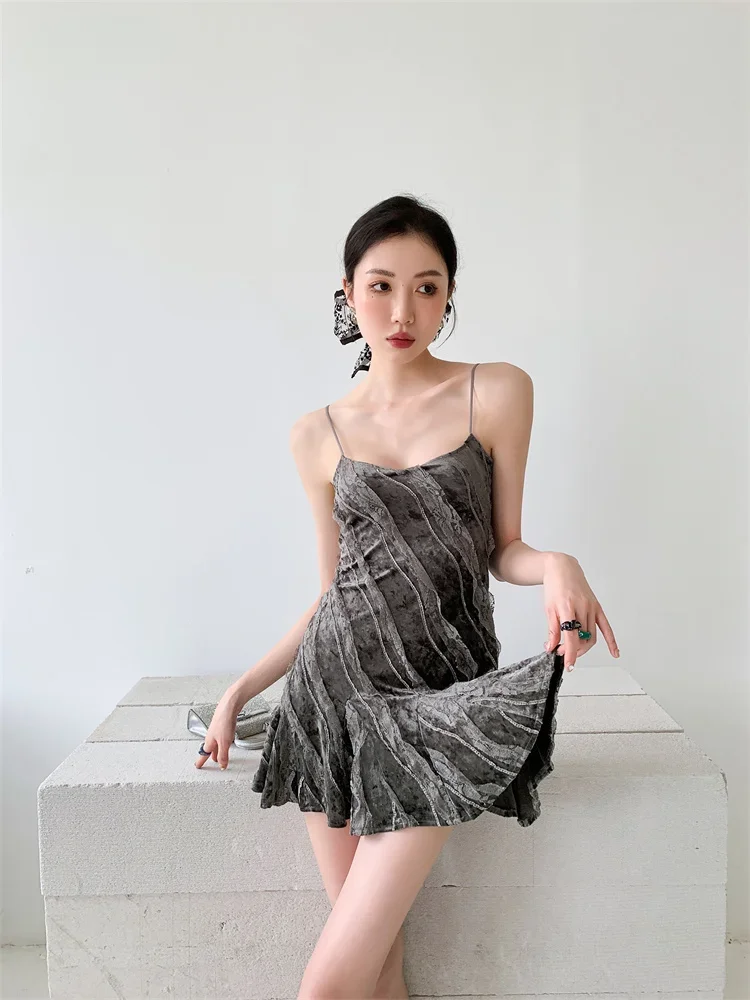 Summer Dark Gray Sexy Velvet Stitching Lace Oblique Cut European and American Style Strap Ultra Short Dress