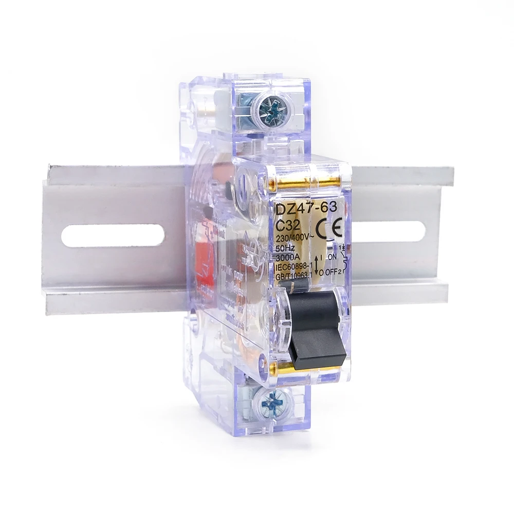 DZ47-63 Transparent Miniature Circuit Breaker Din Rail 1P 6-63A Home Use 230-400V Short Circuit Overload Dual Protection 1 Pcs