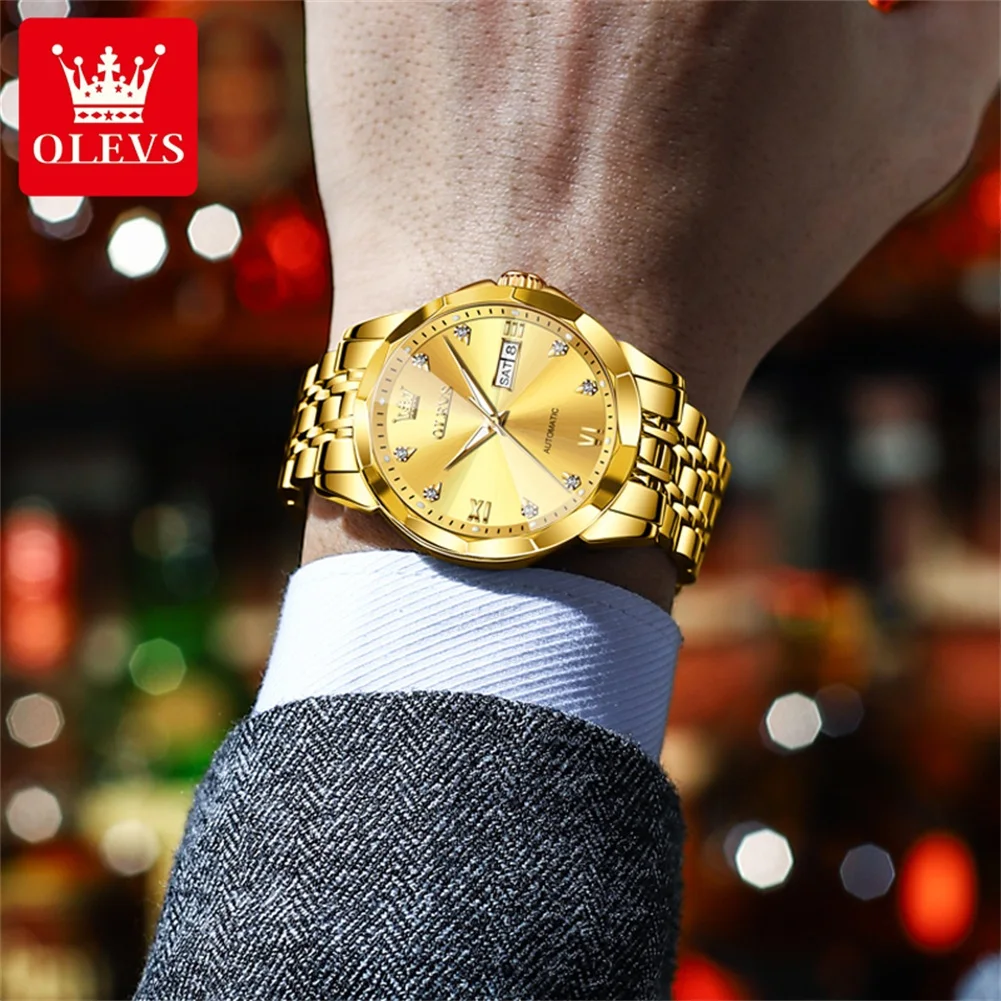 OLEVS 9982 Men Automatic Watch Classic Top Brand Mechanical Watch For Men Rhombus Mirror Dual Calendar Luxury Male Wristwatch
