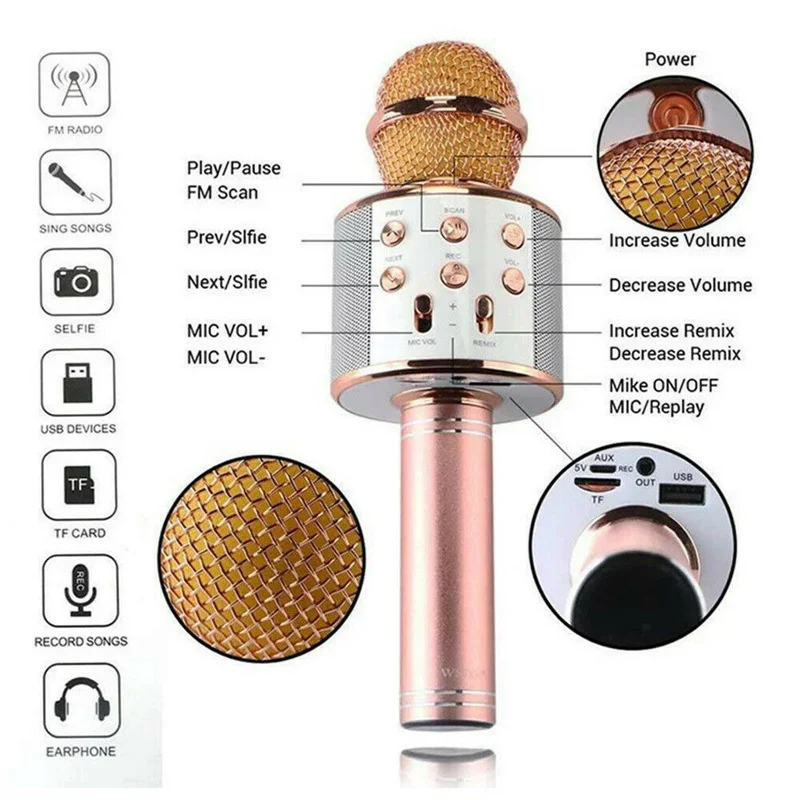 WS858 Professional Bluetooth Wireless Microphone USB Handheld Karaoke Home KTV Mic Speaker For Music Player Singing Recorder