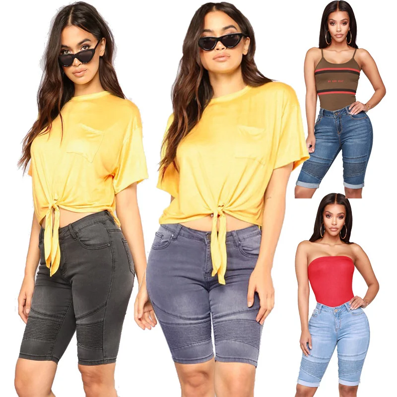 

New Short Jeans High Waist Women Short Pants Fly Short Jeans Knee Length Women High Stretch Pleated Denim Shorts Women Trouser