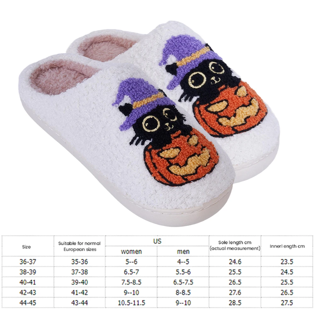 Autumn Winter Halloween Slippers Women Black Cat Pumpkin Cute Ghost Plush Slippers Fluffy Comfortable Warm Indoor Home Slippers