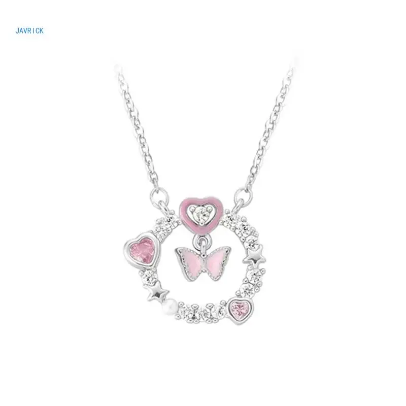 

Pink Heart Pendant Necklaces Butterfly Diamonds Loves Choker Necklace for Women