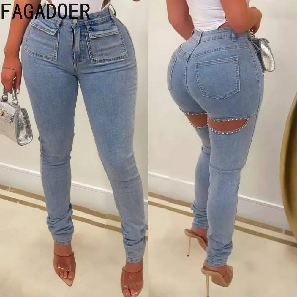 

FAGADOER Fashion Denim Hollow Pearls Skinny Pants Women High Waisted Button Pocket Jean Trousers Casual Cowboy Matching Bottoms