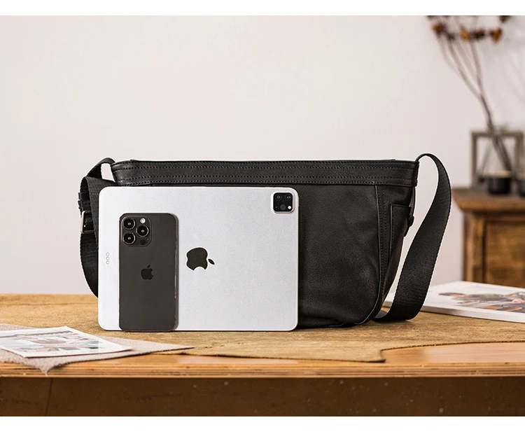 PNDME Organizer Designer handgefertigte schwarze Umhängetasche aus gegerbtem Rindsleder für Herren, Outdoor-Reisen, luxuriöse Umhängetaschen aus echtem Leder – Detail 8