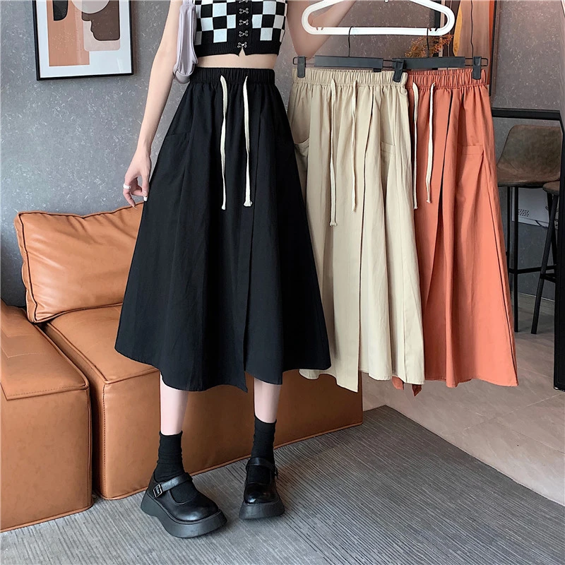 

Summer 2023 New Women Elastic Waist Skirt Korean Fashion Irregular Long Skirts Female Elegant Solid A-line Black Faldas Mujer
