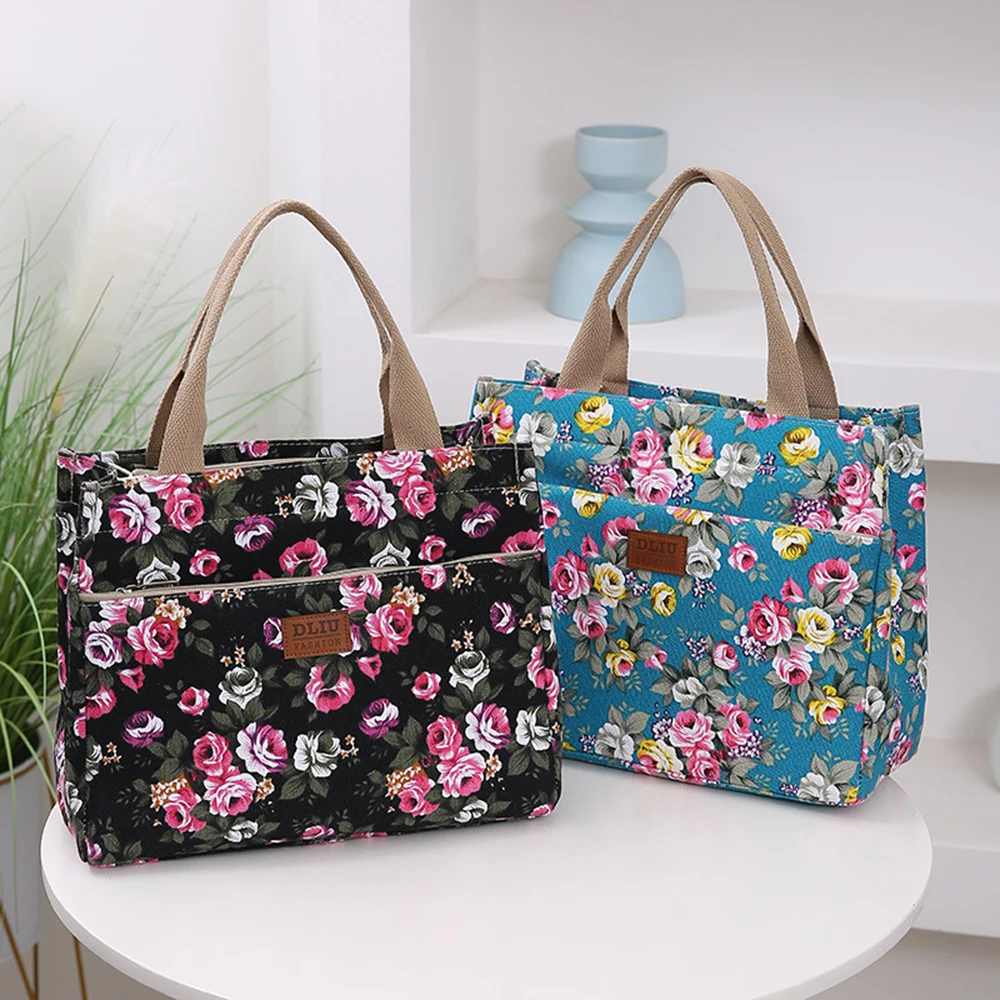 Bento Bag For Picnic Travel Fashion Floral Print Tote Bag Portable Canvas Lunch Bag Women's Casual Handbag lunch bag