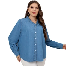 

Stylish Lace Up Plus Size Denim Top Women's Asymmetrical Blouse 2022 Casual Long Sleeve Chemise Female Button Work Loose Blusas