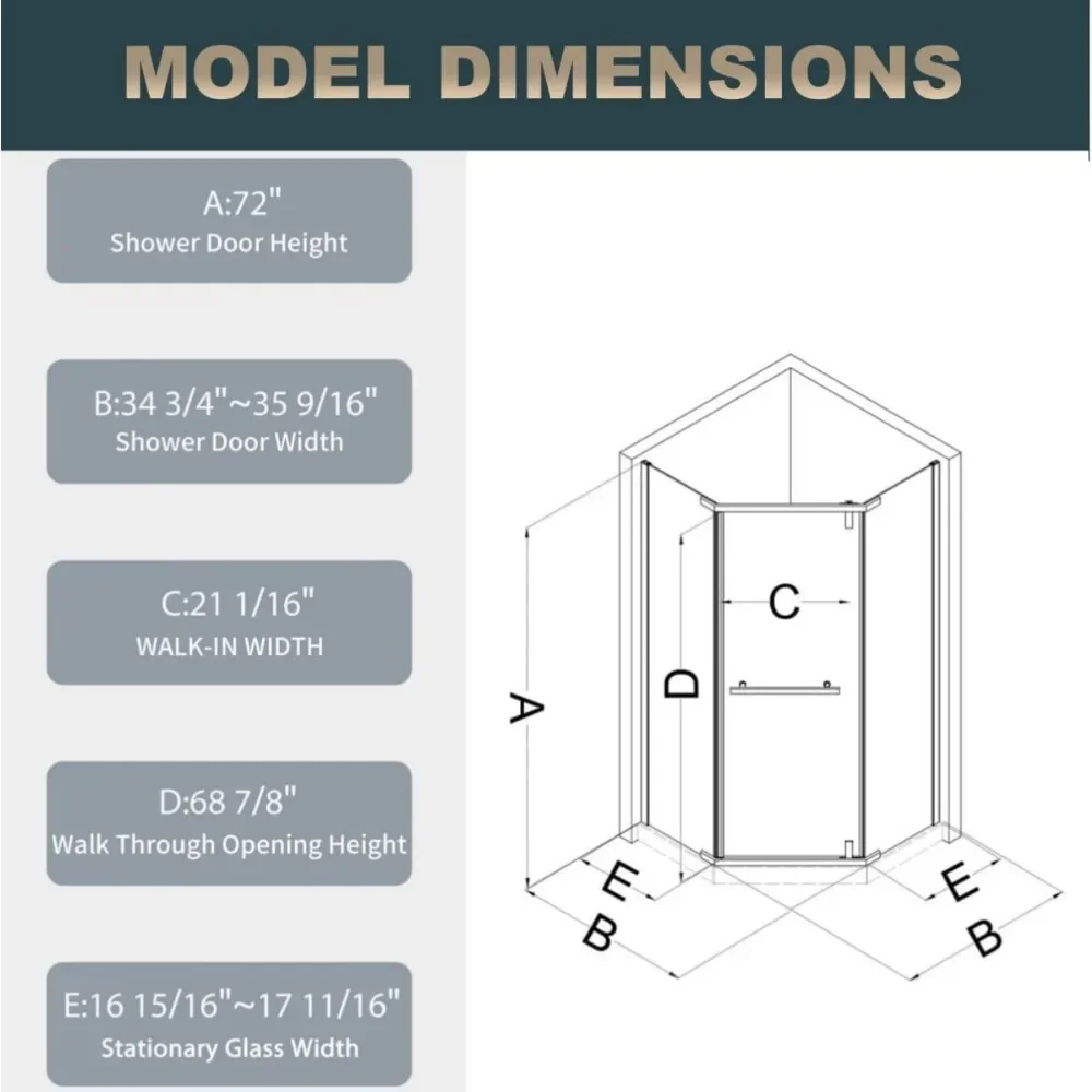 Shower Door34 3/4~35 9/16" Wx72 in.H ,Pivot Shower Door 1/4in(6mm) Thick Tempered Clear Glass, Corner Shower Doors 6