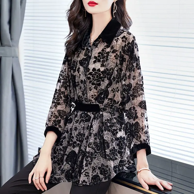 Women Floral Shirt Top Turn-Down Collar Single Breasted Lady Silk Cotton Blends Long Sleeve Blouse