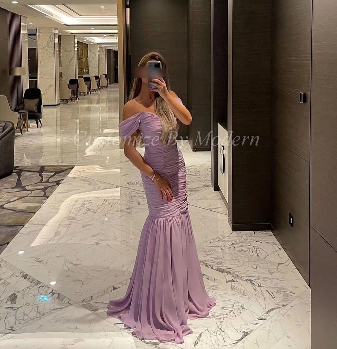 

Mermaid Lilac Chiffon Long Prom Dresses Off The Shoulder Pleated Floor Length Saudi Arabia Women Evening Party Dress