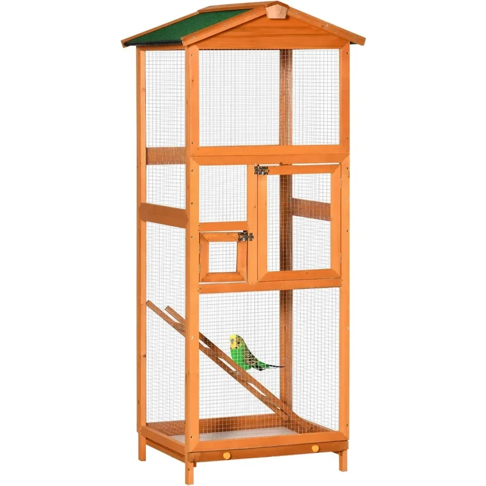 65" Wooden Bird Cage Outdoor Aviary House for Parrot with Pull Out Tray and 2 Doors, Water composite asphalt roof 1