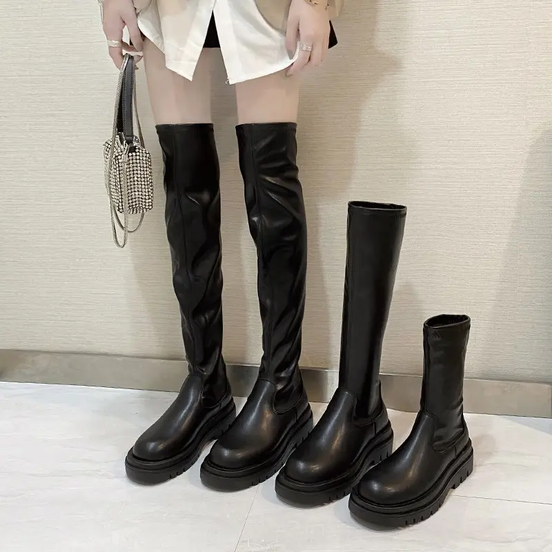 Botas Altas De Plataforma Para Mujer Estilo Gótico Negro Elegante_voghion.com