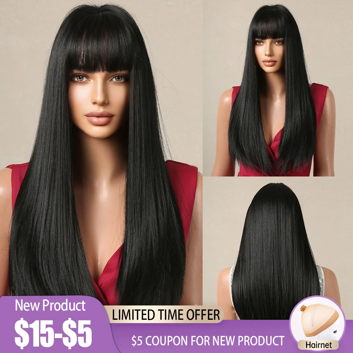 LongStraightSyntheticWigwithBangsDarkBlackHairWigsforWomen