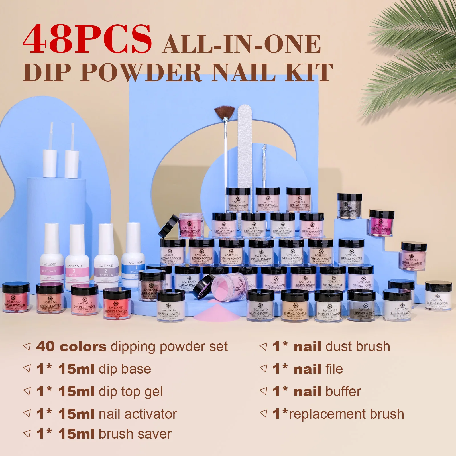 Saviland 49pcs Dipping Nail Powder Kit Glitter Dip Powder Liquid Set with Base and Top Coat Manicure Tool for Nail Art Salon DIY