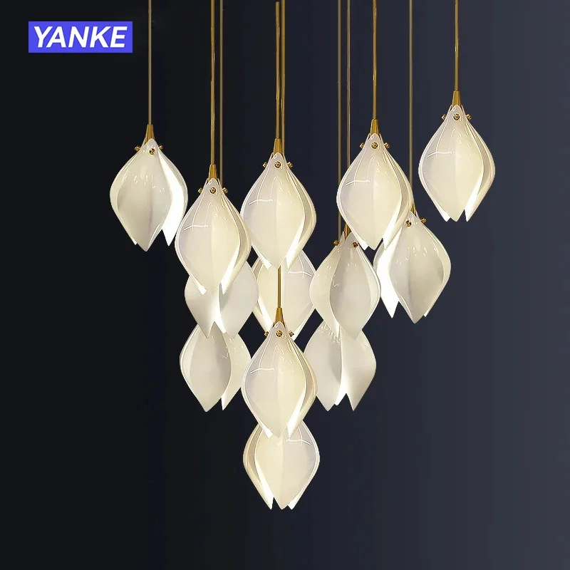 

Ceramic Magnolia Chandelier Luxury Staircase Pendant Light Ceiling Adjustable Hanging Lamp for Restaurant Hotel Bedroom Bedside